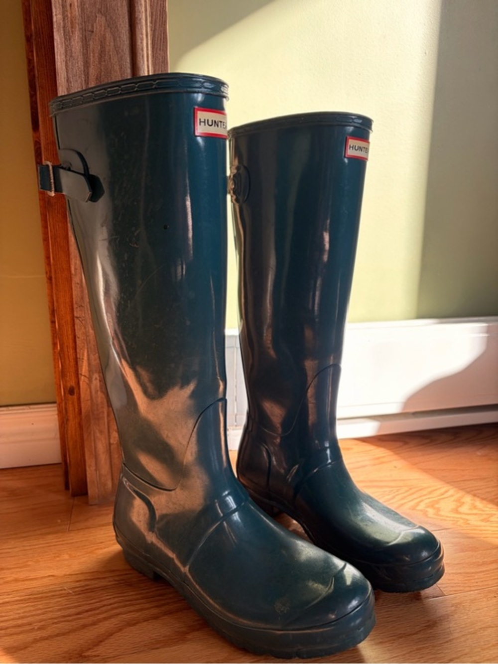 Hunter Original Tall Gloss Teal Green Rubber Rain Boots US 8 Adjustable Back
